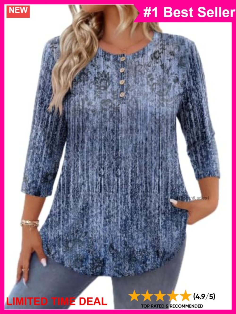 Plus Size 3/4 Sleeve Crew Neck Button Down Tunic Blouse